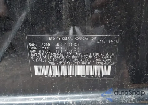 2019 Subaru Impreza 2.0I Limited from USA, damaged, VIN 4S3GTAT65K3716616